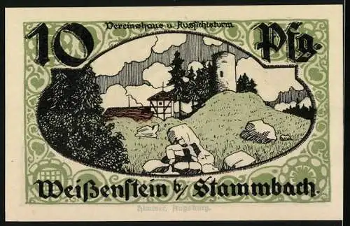 Notgeld Stammbach 1921, 10 Pfennig, Vereinshaus und Aussichtsturm, Wappen, Gutschein