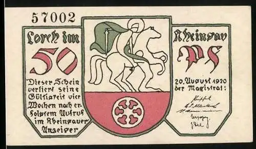 Notgeld Lorch i. Rheingau 1920, 50 Pfennig, Menschen beim Wein, Wappen