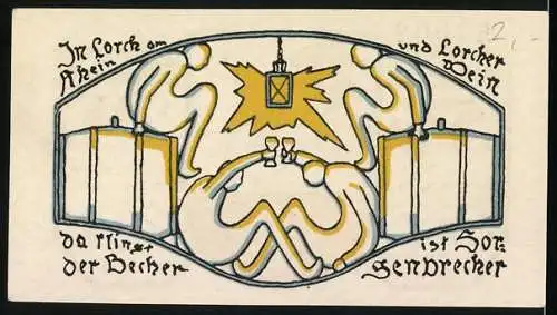 Notgeld Lorch i. Rheingau 1920, 50 Pfennig, Menschen beim Wein, Wappen