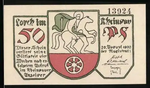 Notgeld Lorch im Rheingau 1920, 50 Pfennig, Menschen beim Wein, Wappen