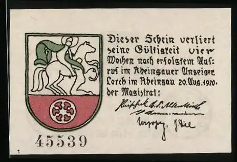 Notgeld Lorch im Rheingau 1920, 10 Pfennig, Wappen, Adam mit Weinglas, Eva mit Apfel, Gutschein