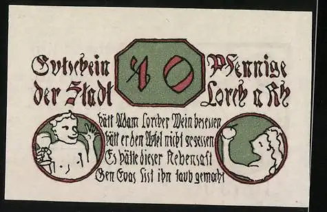 Notgeld Lorch im Rheingau 1920, 10 Pfennig, Wappen, Adam mit Weinglas, Eva mit Apfel, Gutschein