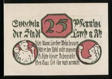 Notgeld Lorch im Rheingau 1920, 25 Pfennig, Wappen, Adam mit Weinglas, Eva mit Apfel, Gutschein