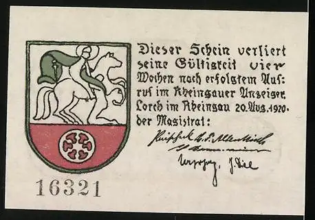 Notgeld Lorch im Rheingau 1920, 25 Pfennig, Wappen, Adam mit Weinglas, Eva mit Apfel, Gutschein