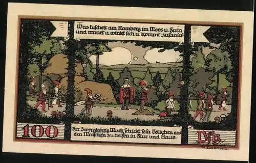 Notgeld Ballenstedt 1921, 100 Pfennig, Viktorshöhe, Zwergkönig schickt sein Völkchen aus