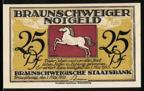Notgeld Braunschweig 1923, 25 Pfennig, Eulenspiegel mit Eulen und Affen auf der Hand