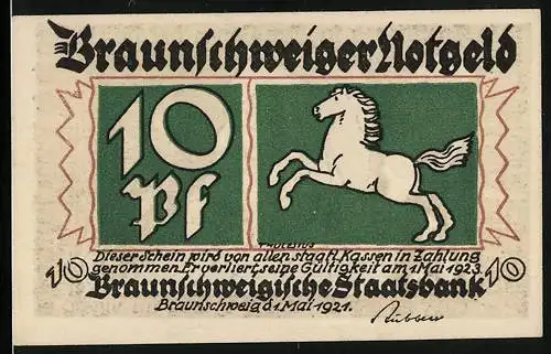 Notgeld Braunschweig 1923, 10 Pfennig, Eulenspiegel mit Eule und Spiegel