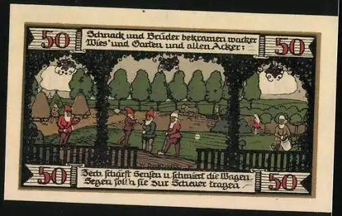 Notgeld Ballenstedt 1921, 50 Pfennig, Mägdesprung, Zwerge bei der Feldarbeit