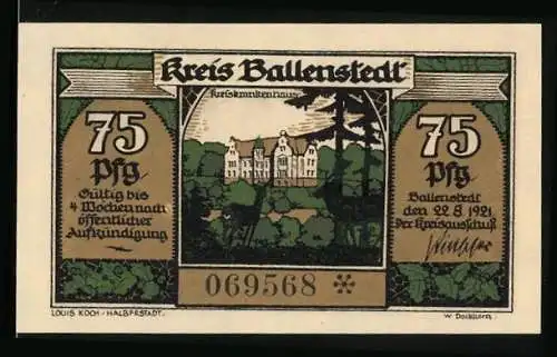 Notgeld Ballenstedt 1921, 75 Pfennig, Kreiskrankenhaus, Zwerge arbeiten in der Holzverarbeitung