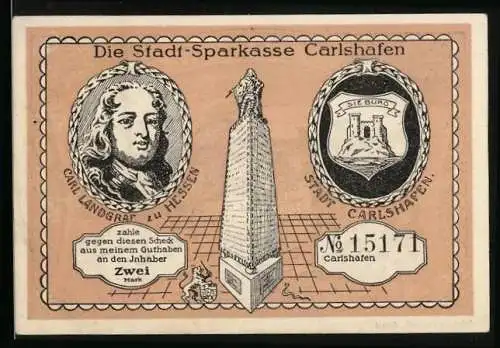 Notgeld Carlshafen, 2 Mark, Einzug der Hugenotten im Jahre 1699, Wappen, Bildnis Carl Landgraf zu Hessen