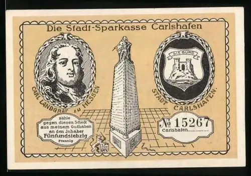 Notgeld Carlshafen, 75 Pfennig, Invalidenhaus aus dem Jahre 1706, Wappen, Bildnis Carl Landgraf zu Hessen