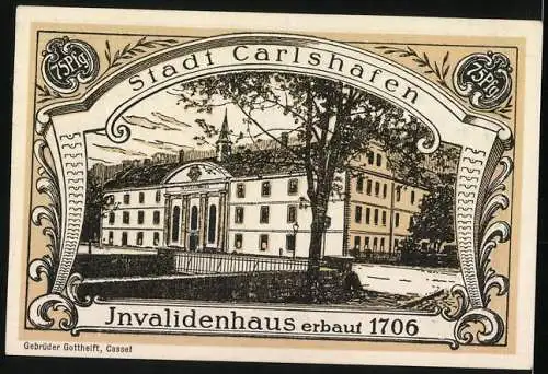 Notgeld Carlshafen, 75 Pfennig, Invalidenhaus aus dem Jahre 1706, Wappen, Bildnis Carl Landgraf zu Hessen