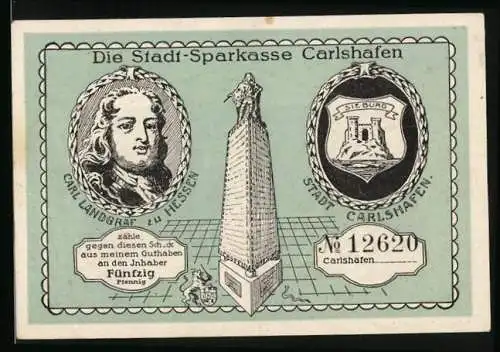 Notgeld Carlshafen, 50 Pfennig, Weser und Hessische Klippen, Wappen, Bildnis Carl Landgraf zu Hessen