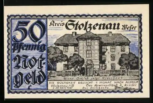 Notgeld Stolzenau a. W. 1921, 50 Pfennig, Altes Schloss, jetzt Kreishaus, Männer im Wirtshaus