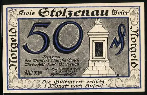 Notgeld Stolzenau 1921, 50 Pfennig, Denkmal des Dichters Wilhelm Busch, Mann mit Weinglas