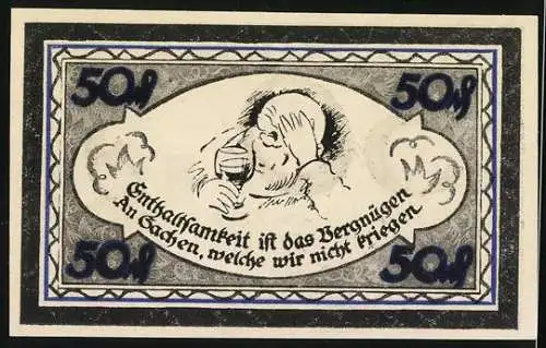 Notgeld Stolzenau 1921, 50 Pfennig, Denkmal des Dichters Wilhelm Busch, Mann mit Weinglas