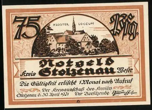 Notgeld Stolzenau 1921, 75 Pfennig, Kloster Loccum