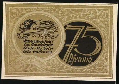 Notgeld Stolzenau a. W. 1921, 75 Pfennig, Geburtshaus des Dichters Wilhelm Busch, Zitat von W. Busch