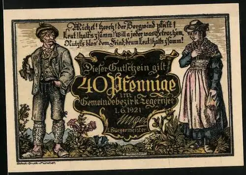Notgeld Tegernsee 1921, 40 Pfennig, Ortsansicht und Seepartie, Paar in Tracht, Gutschein