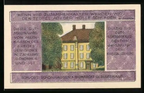 Notgeld Genthin 1921, 3 Mark, Bildnis Fürst Bismarck, Bismarcks Geburtshaus, Bauer bei der Feldarbeit, Gutschein
