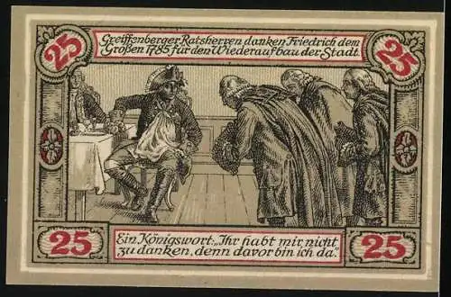 Notgeld Greiffenberg i. Schl. 1920, 25 Pfennig, Ratsherren danken Friedrich dem Grossen für den Wiederaufbau, Wappen