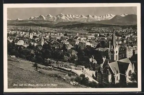 AK Biel, Ortsansicht und die Alpen
