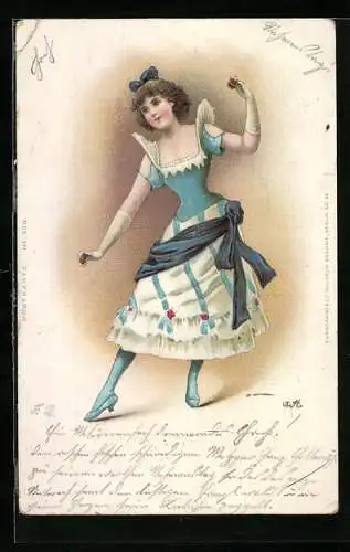 Lithographie Elegante junge Tänzerin mit Handschuhen und Tuch um die Hüfte