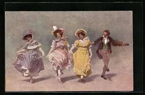 AK Musiker mit Violine und tanzende Frauen