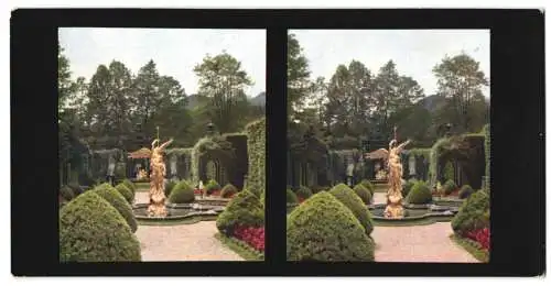 Stereo-Fotografie Chromoplast No. 182, Ansicht Ettal, goldene Statue im Park des Schloss Linderhof