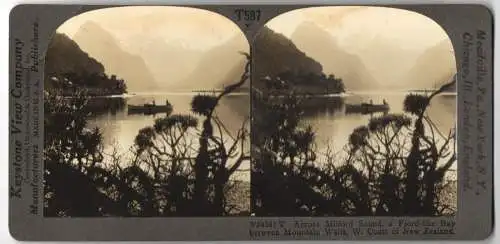 Stereo-Fotografie Keystone View, Meadville, Ansicht Neuseeland / New Zealand, Milford Sound Fjord-like bay