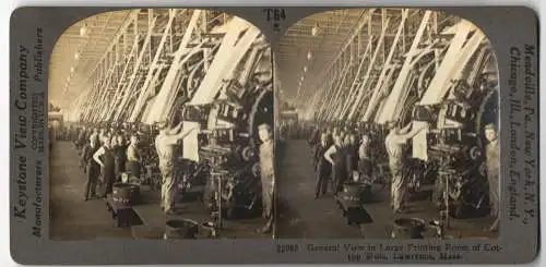 Stereo-Fotografie Keystone View, Meadville, Ansicht Lawrence / Mass., Large Printing Room of Cotton Mills