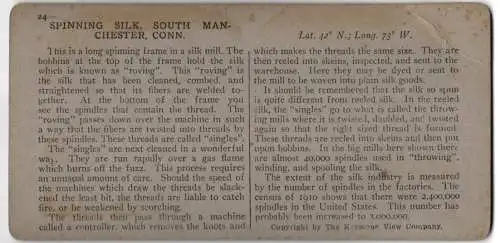 Stereo-Fotografie Keystone View, Meadville, Ansicht Manchester / Conn., Spinning Silk - Showing Roving Frame