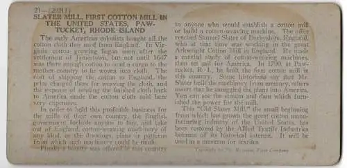 Stereo-Fotografie Keystone View, Meadville, Ansicht Paw Tucket / Rhode Island, Slater Mill, 1st Cotton Mill in USA