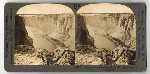 Stereo-Fotografie Keystone View Company, Meadville, Ansicht Grand Canyon / Arizona, Bridge over Colorado River