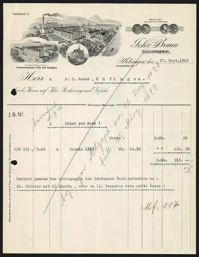 Rechnung Metzingen 1929, Joh. Braun, Tuchfabrik, Das Werksgelände aus der Vogelschau, Spinnerei-Filiale, Stammhaus