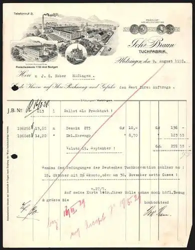 Rechnung Metzingen 1928, Joh. Braun, Tuchfabrik, Das Betriebsgelände aus der Vogelschau, Spinnerei-Filiale, Stammhaus