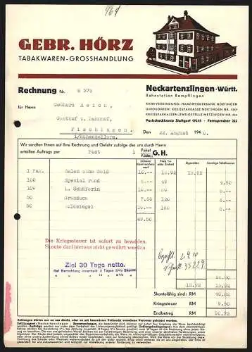 Rechnung Neckartenzlingen /Württ. 1940, Gebr. Hörz, Tabakwaren-Grosshandlung, Modellansicht des Geschäftshauses
