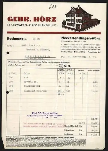 Rechnung Neckartenzlingen /Württ. 1941, Gebr. Hörz, Tabakwaren-Grosshandlung, Modellansicht des Geschäftshauses