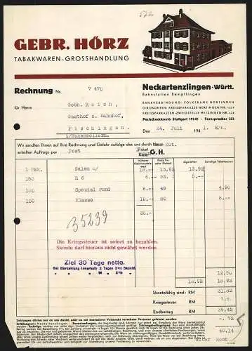 Rechnung Neckartenzlingen /Württ. 1941, Gebr. Hörz, Tabakwaren-Grosshandlung, Ansicht des Geschäftshauses