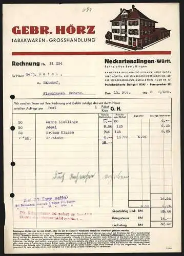 Rechnung Neckartenzlingen /Württ. 1942, Gebr. Hörz, Tabakwaren-Grosshandlung, Ansicht des Geschäftshauses