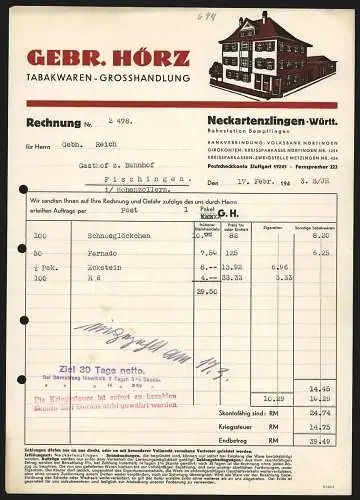 Rechnung Neckartenzlingen /Württ. 1943, Gebr. Hörz, Tabakwaren-Grosshandlung, Modellansicht des Geschäftshauses