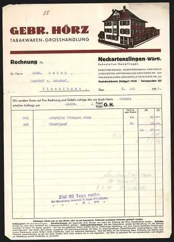 Rechnung Neckartenzlingen /Württ. 1938, Gebr. Hörz, Tabakwaren-Grosshandlung, Modellansicht des Geschäftshauses