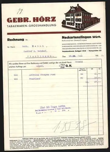 Rechnung Neckartenzlingen /Württ. 1948, Gebr. Hörz, Tabakwaren-Grosshandlung, Ansicht des Geschäftshauses