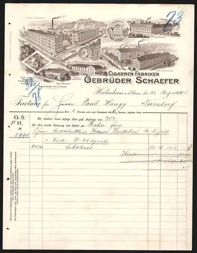 Rechnung Heidenheim a. d. Brenz 1908, Gebrüder Schaeffer, Cigarren-Fabriken, Das Hauptwerk und fünf Zweigstellen
