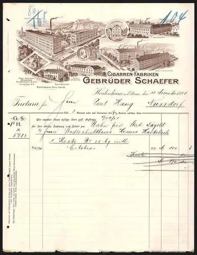 Rechnung Heidenheim a. d. Brenz 1908, Gebrüder Schaeffer, Cigarren-Fabriken, Fünf Werke und das Stammhaus