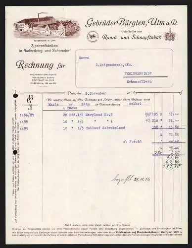 Rechnung Ulm a. D. 1916, Gebrüder Bürglen, Rauch- und Schnupftabak-Fabrik, Das Hauptwerk aus der Vogelschau