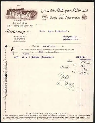 Rechnung Ulm a. D. 1918, Gebrüder Bürglen, Rauch- und Schnupftabak-Fabrik, Das Hauptwerk aus der Vogelschau