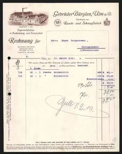 Rechnung Ulm a. D. 1919, Gebrüder Bürglen, Rauch- und Schnupftabak-Fabrik, Das Hauptwerk aus der Vogelschau