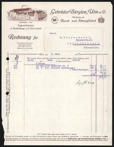 Rechnung Ulm a. D. 1917, Gebrüder Bürglen, Rauch- und Schnupftabak-Fabrik, Das Hauptwerk aus der Vogelschau