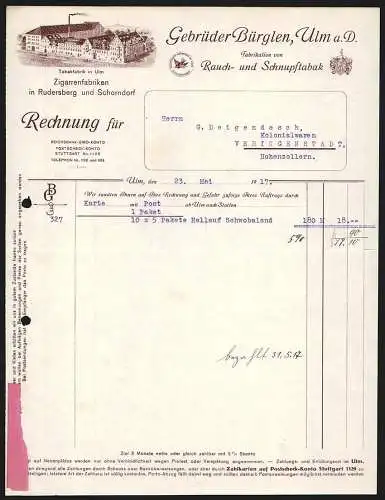 Rechnung Ulm a. D. 1917, Gebrüder Bürglen, Rauch- und Schnupftabak-Fabrik, Der Hauptbetrieb aus der Vogelschau